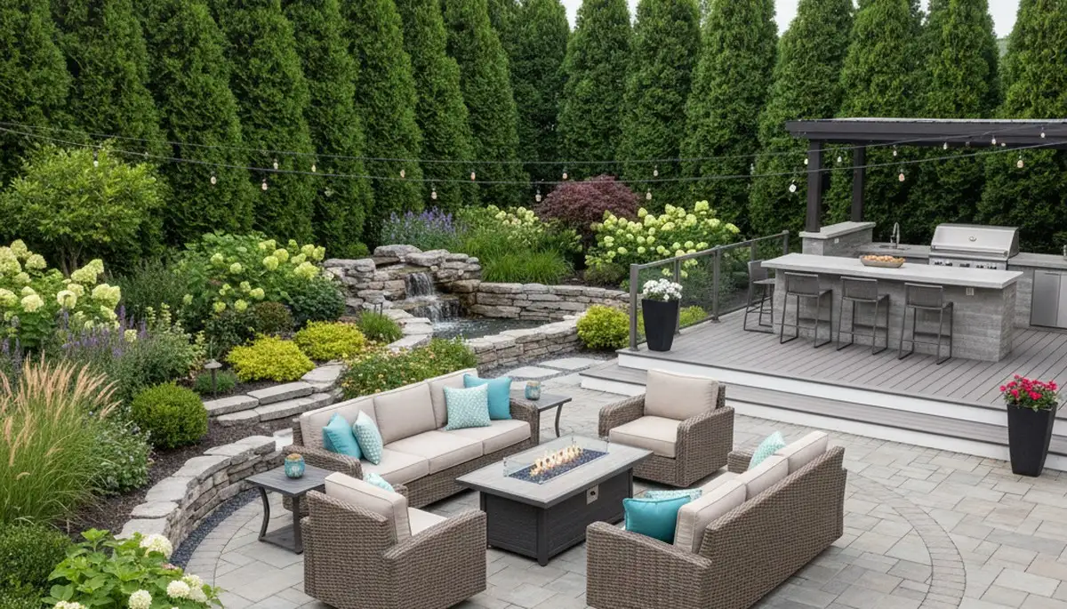 Backyard patio landscape design with lighting and greenery by Chop Chop Landscaping in Naperville, IL