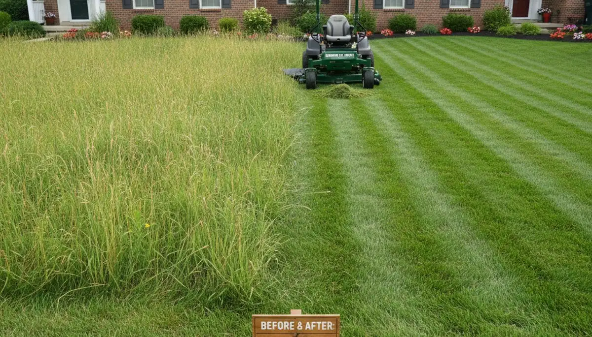 Before and after lawn mowing showing overgrown vs trimmed yard by Chop Chop Landscaping in Naperville, IL
