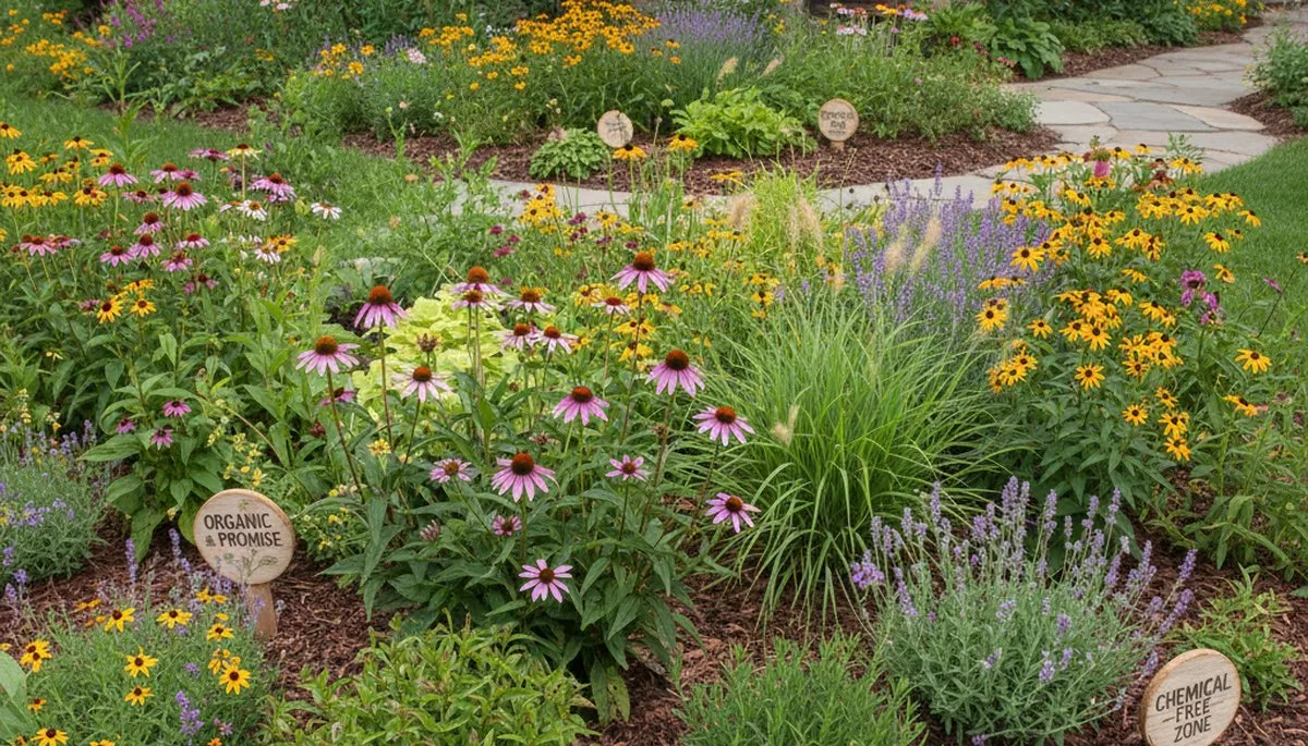 Organic landscape beds with natural mulch and native plants in Naperville, IL by Chop Chop Landscaping