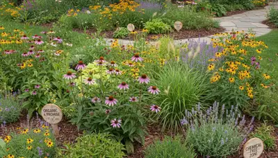 Organic landscape beds with natural mulch and native plants in Naperville, IL by Chop Chop Landscaping