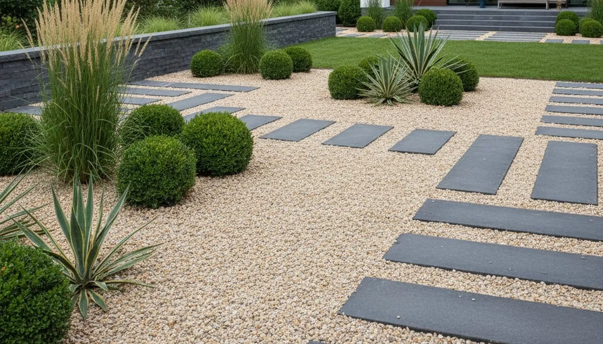 Modern pea gravel landscape design with geometric layout in Naperville, IL by Chop Chop Landscaping