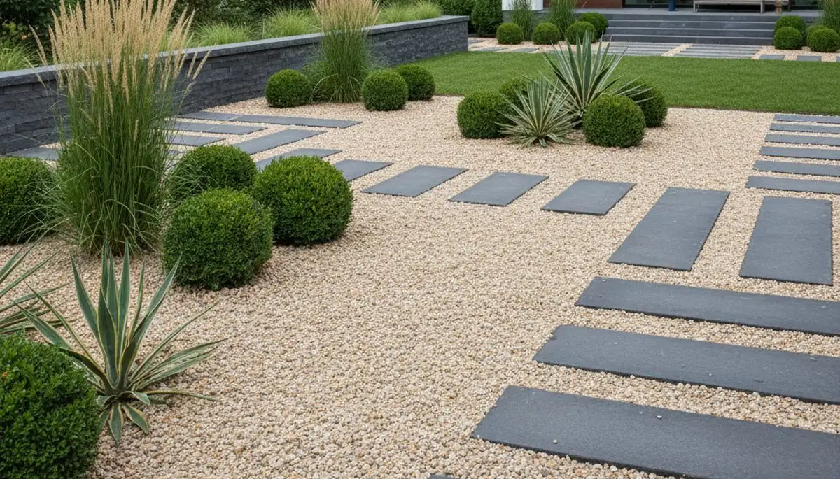 Modern pea gravel landscape design with geometric layout in Naperville, IL by Chop Chop Landscaping
