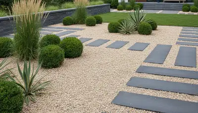 Modern pea gravel landscape design with geometric layout in Naperville, IL by Chop Chop Landscaping
