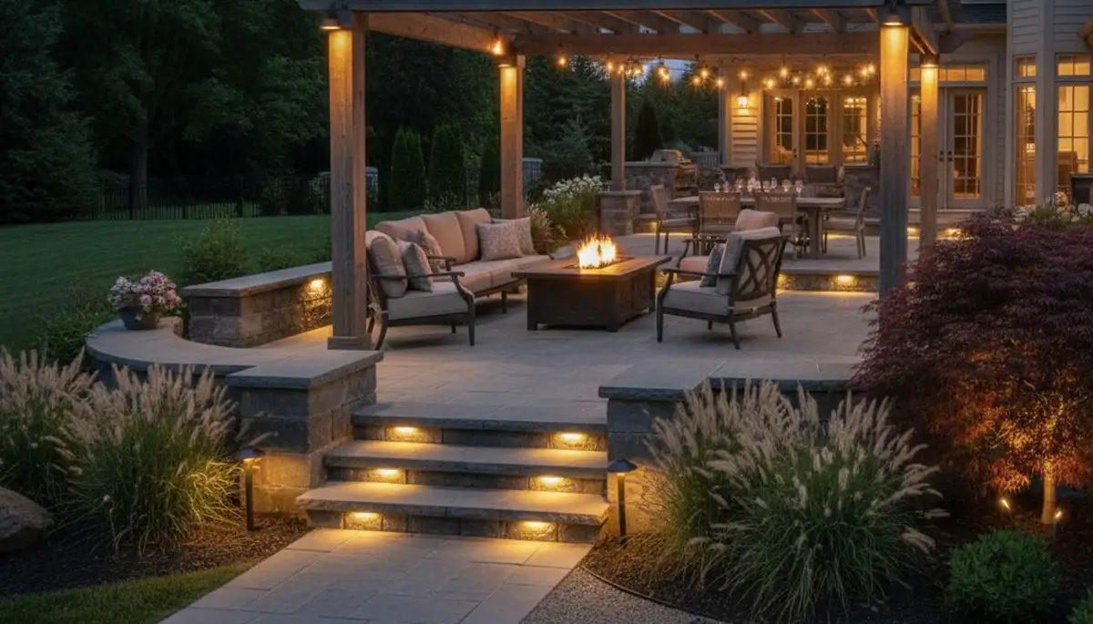 Evening deck and patio lighting installation by Chop Chop Landscaping in Naperville, IL