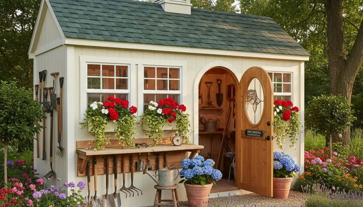 Decorative garden shed with landscaped pathway in Naperville IL by Chop Chop Landscaping