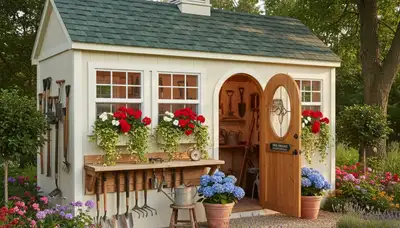 Decorative garden shed with landscaped pathway in Naperville IL by Chop Chop Landscaping