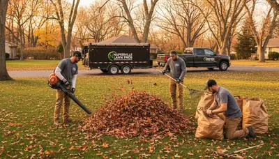 Landscapers raking and bagging fall leaves during yard clean up in Naperville, IL