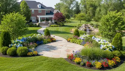 Full property landscape design with lawn, trees, and flower beds by Chop Chop Landscaping in Naperville, IL