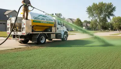 Hydroseeder truck spraying green slurry for lawn installation in Naperville, IL landscaping service