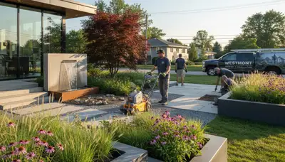Naperville, IL landscaping service team maintaining a residential yard with professional care