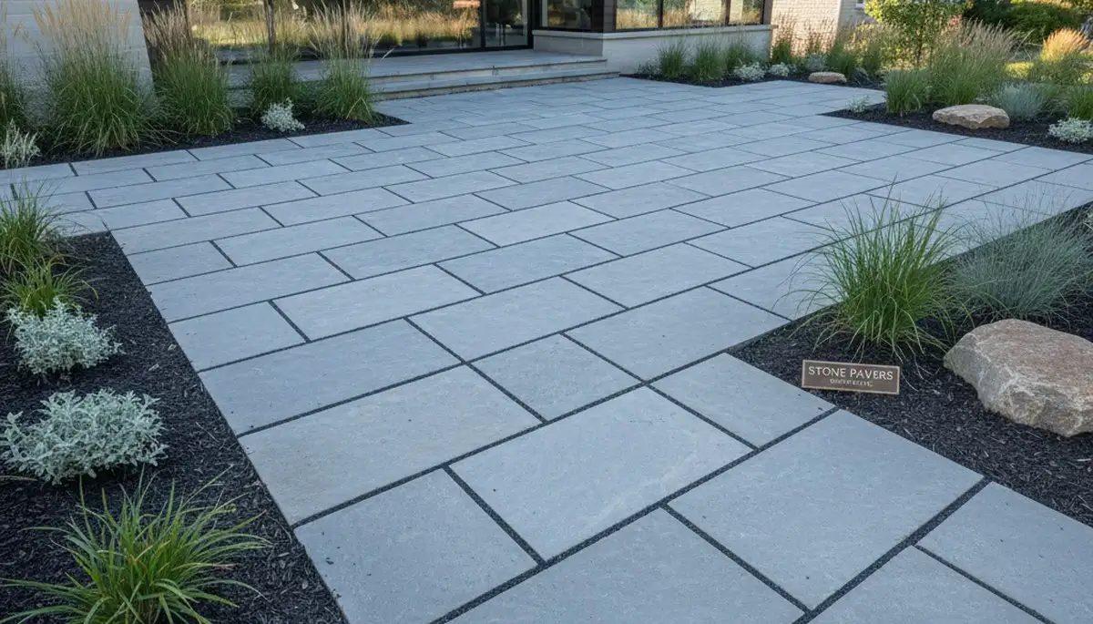 Modern large-format stone slab patio installation by Chop Chop Landscaping in Naperville, IL