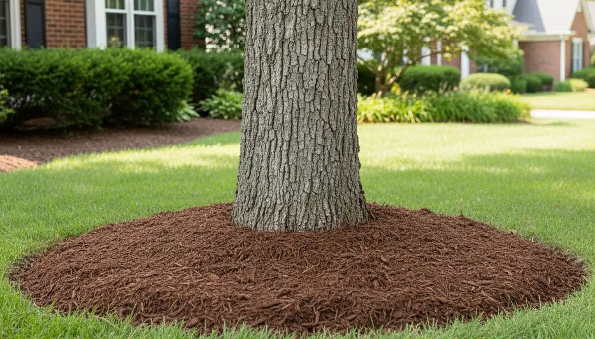 Professional mulch ring around tree promoting healthy landscaping in Naperville, IL