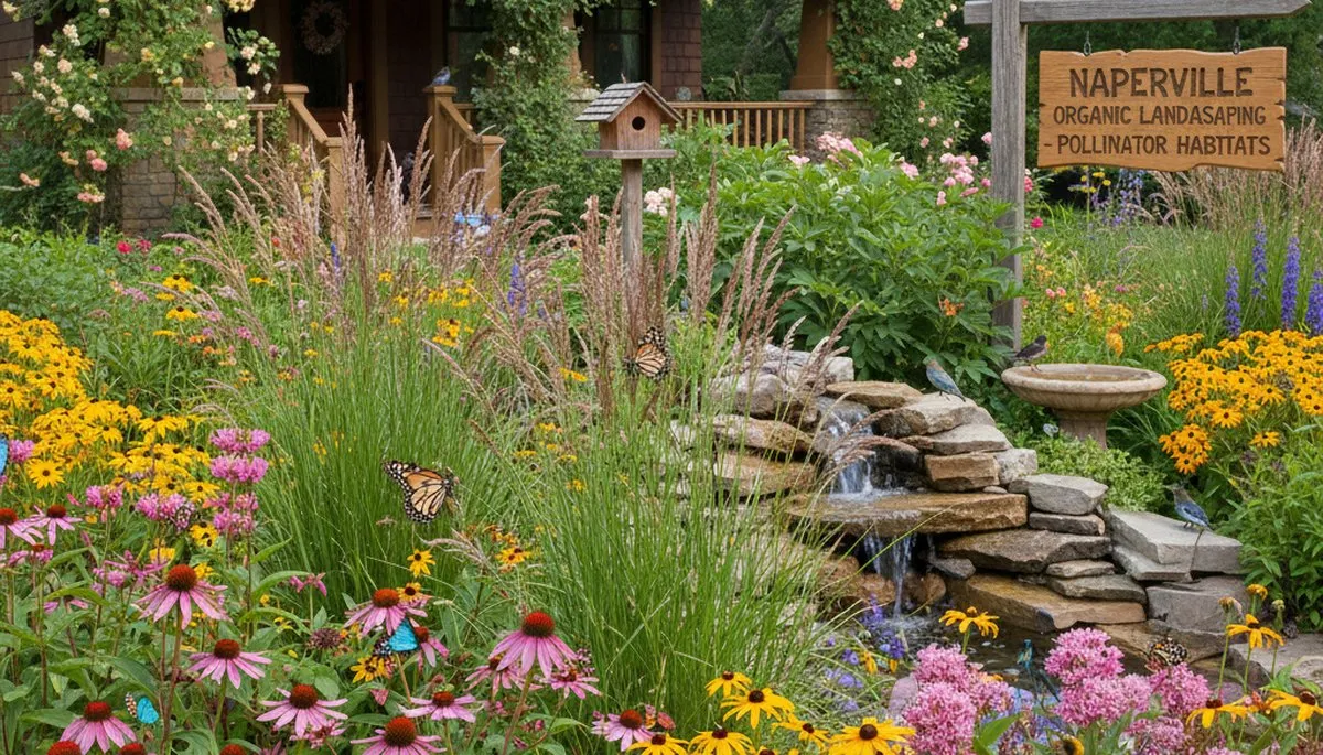 Native pollinator garden with bees and butterflies by organic landscapers in Naperville, IL
