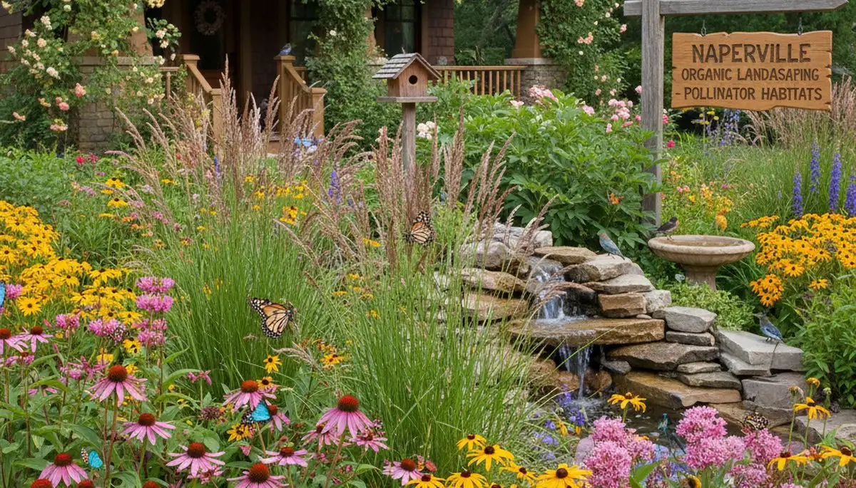 Native pollinator garden with bees and butterflies by organic landscapers in Naperville, IL