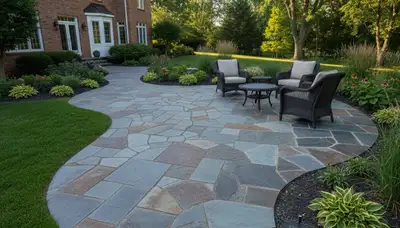 Flagstone patio with natural stone pavers installed by Chop Chop Landscaping in Naperville, IL