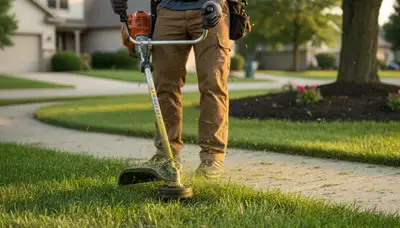 Technician edging Naperville lawn with string trimmer for precise, professional lawn maintenance.