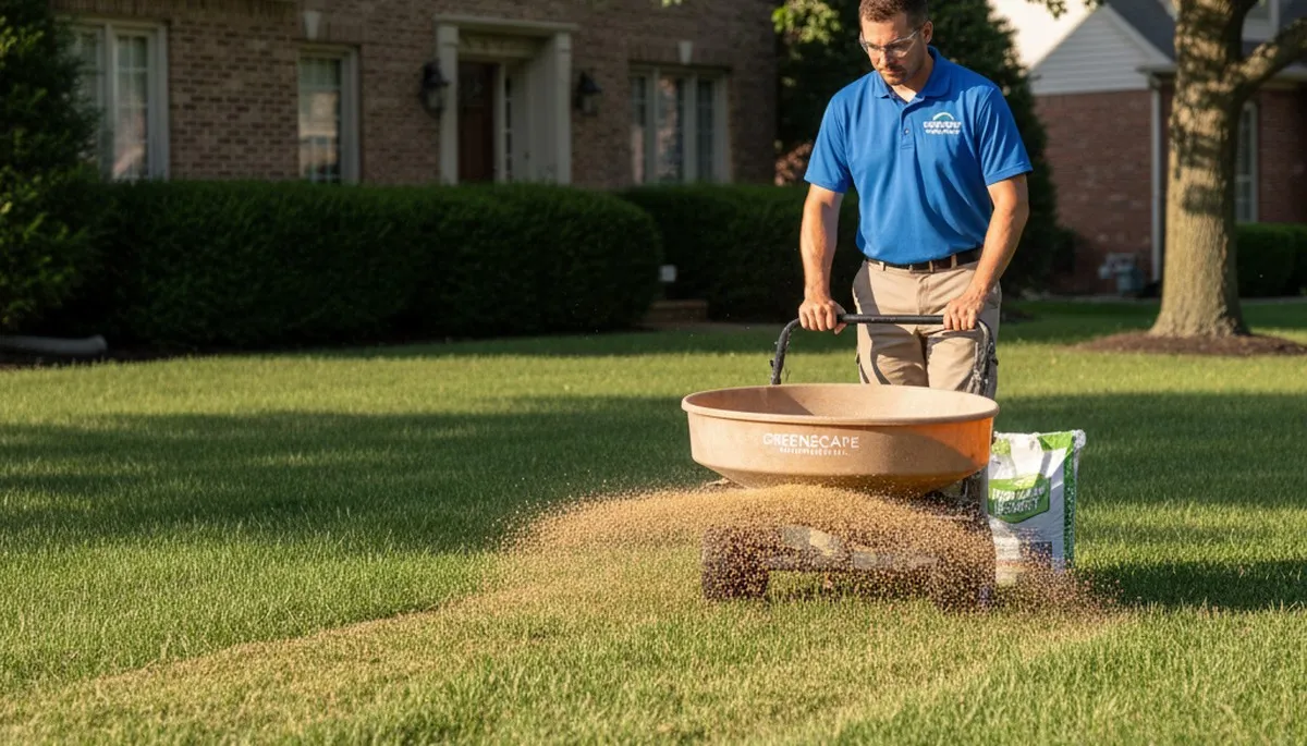Professional applying lawn fertilizer with spreader in Naperville, IL residential yard