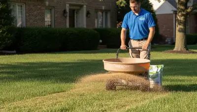 Professional applying lawn fertilizer with spreader in Naperville, IL residential yard