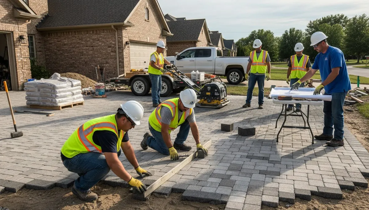 Crew installing driveway pavers at a Naperville IL home by Chop Chop Landscaping