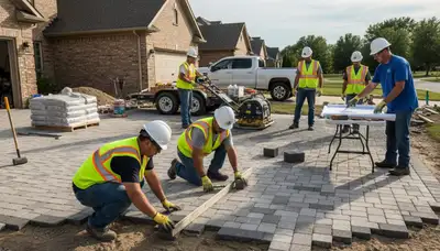 Crew installing driveway pavers at a Naperville IL home by Chop Chop Landscaping