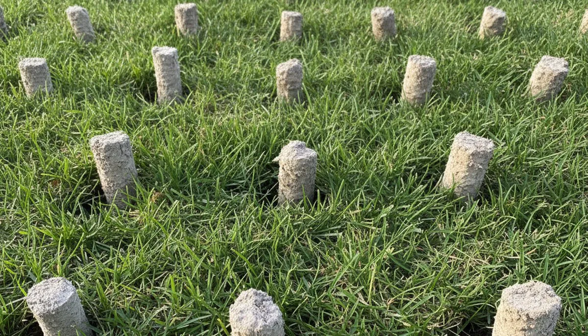 Close-up of soil core plugs after lawn aeration treatment by Chop Chop Landscaping in Naperville, IL