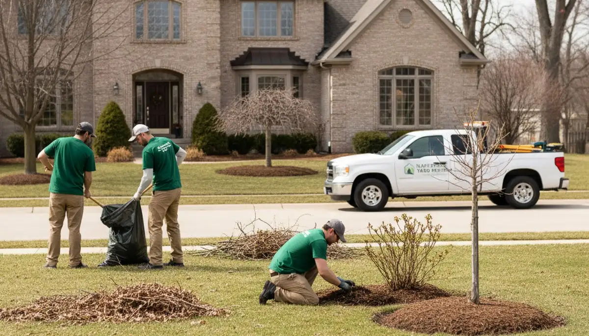 Landscapers performing spring yard clean up and bed refresh in Naperville, IL