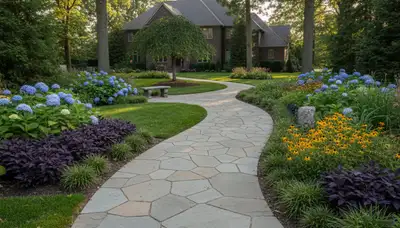 Stone paver pathway design in Naperville, IL showcasing professional landscaping and natural stone installation