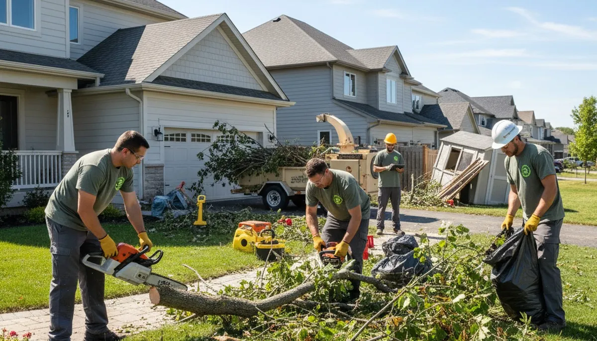 Crew clearing storm branches and debris at residential yard in Naperville, IL by Chop Chop Landscaping