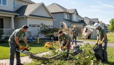 Crew clearing storm branches and debris at residential yard in Naperville, IL by Chop Chop Landscaping