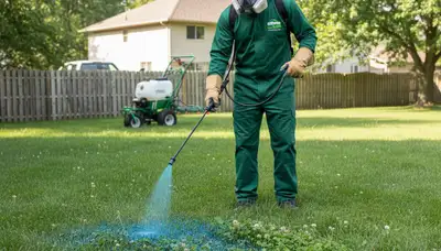 Technician applying weed control treatment on residential lawn in Naperville, IL