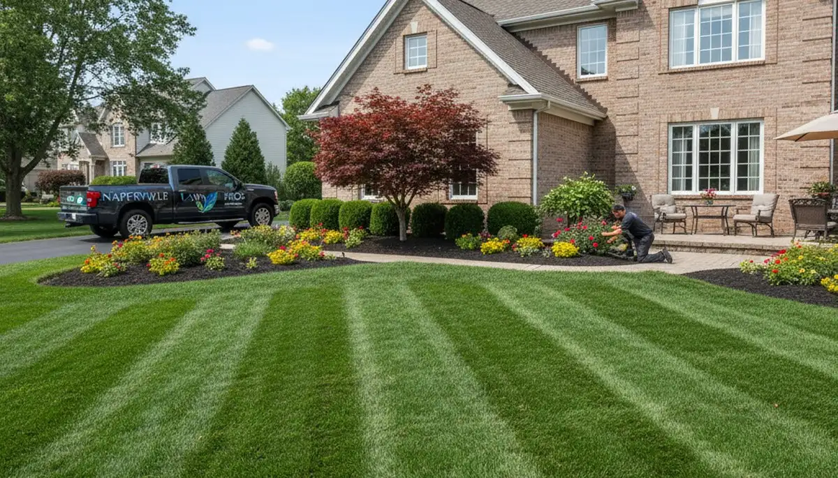 Pristine residential lawn with neat edges and lush grass from professional maintenance in Naperville, IL
